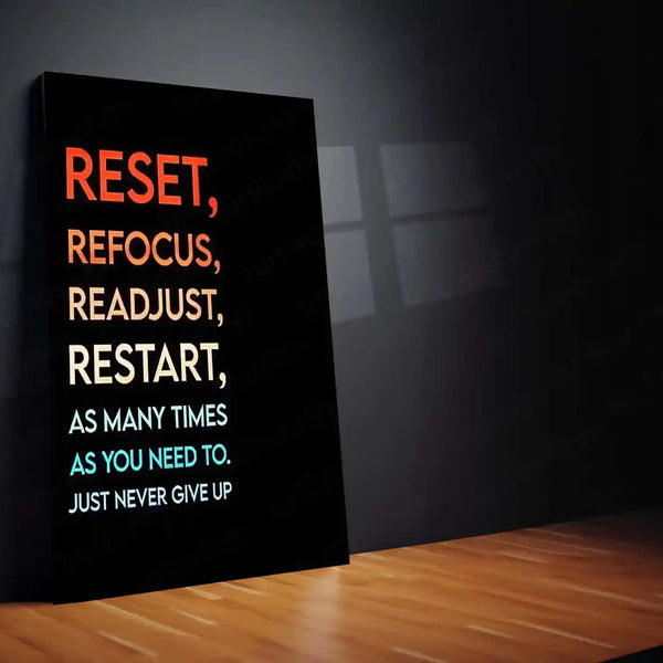 Quote Metal Poster | Reset Refocus Readjust Restart Motivational Metal Poster | Never Give Up Mindset Wall Art | Discipline & Resilience Metal Print