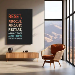 Quote Metal Poster | Reset Refocus Readjust Restart Motivational Metal Poster | Never Give Up Mindset Wall Art | Discipline & Resilience Metal Print