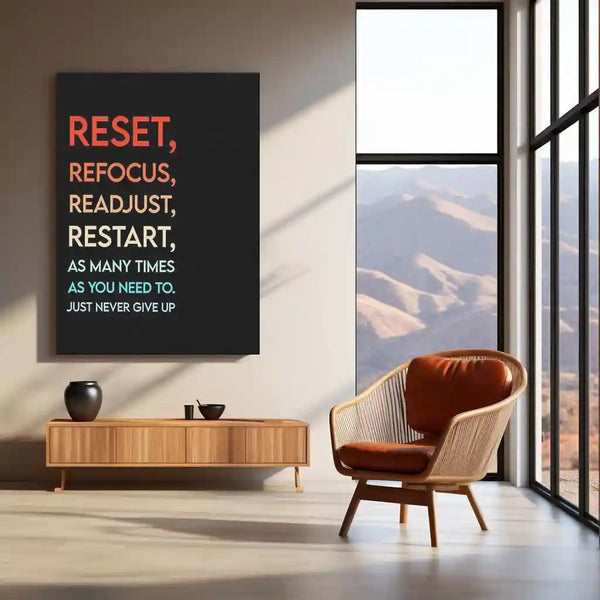 Quote Metal Poster | Reset Refocus Readjust Restart Motivational Metal Poster | Never Give Up Mindset Wall Art | Discipline & Resilience Metal Print