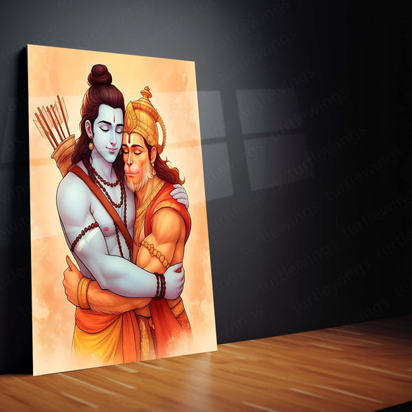 Shri Ram and Hanuman Ji Hug Spiritual Wall Art | Spiritual & Protective Hindu Decor