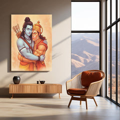 Shri Ram and Hanuman Ji Hug Spiritual Wall Art | Spiritual & Protective Hindu Decor