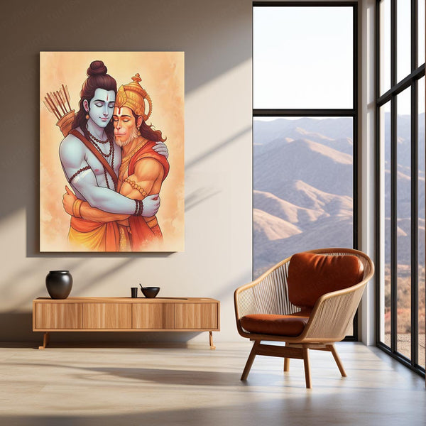 Shri Ram and Hanuman Ji Hug Spiritual Wall Art | Spiritual & Protective Hindu Decor