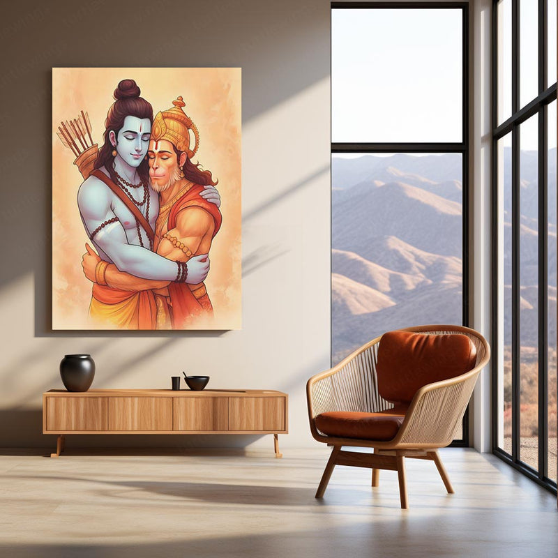 Shri Ram and Hanuman Ji Hug Spiritual Wall Art | Spiritual & Protective Hindu Decor