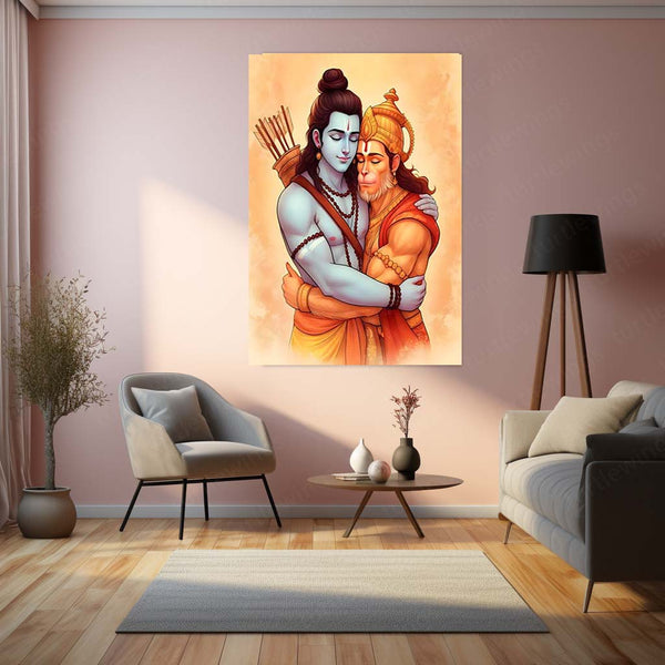 Shri Ram and Hanuman Ji Hug Spiritual Wall Art | Spiritual & Protective Hindu Decor
