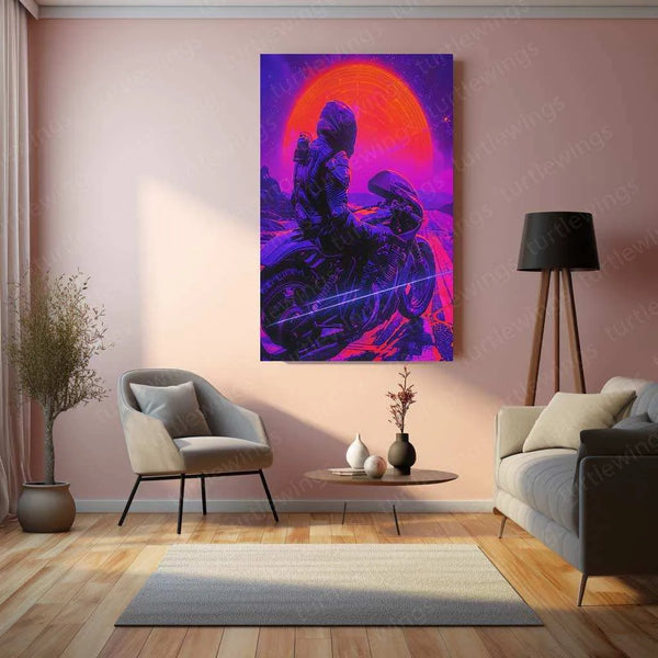Rider Synthwave Metal Poster – Retro Futuristic Art Wall Decor | Neon Aesthetic - TURTLEWINGS 