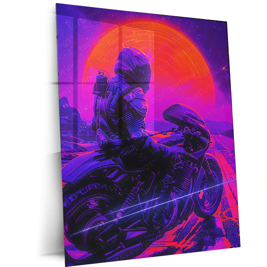 Rider Synthwave Metal Poster – Retro Futuristic Art Wall Decor | Neon Aesthetic - TURTLEWINGS 