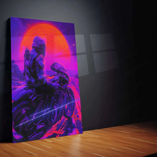 Rider Synthwave Metal Poster – Retro Futuristic Art Wall Decor | Neon Aesthetic - TURTLEWINGS 