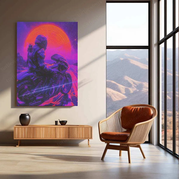 Rider Synthwave Metal Poster – Retro Futuristic Art Wall Decor | Neon Aesthetic - TURTLEWINGS 