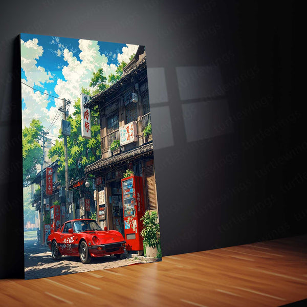 Red Classic Car in Japanese Alleyway – Anime Aesthetic Metal Poster | Vaporwave x Retro JDM Wall Art