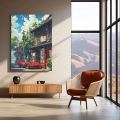 Red Classic Car in Japanese Alleyway – Anime Aesthetic Metal Poster | Vaporwave x Retro JDM Wall Art