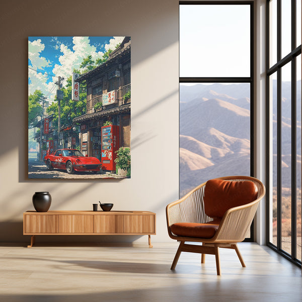 Red Classic Car in Japanese Alleyway – Anime Aesthetic Metal Poster | Vaporwave x Retro JDM Wall Art