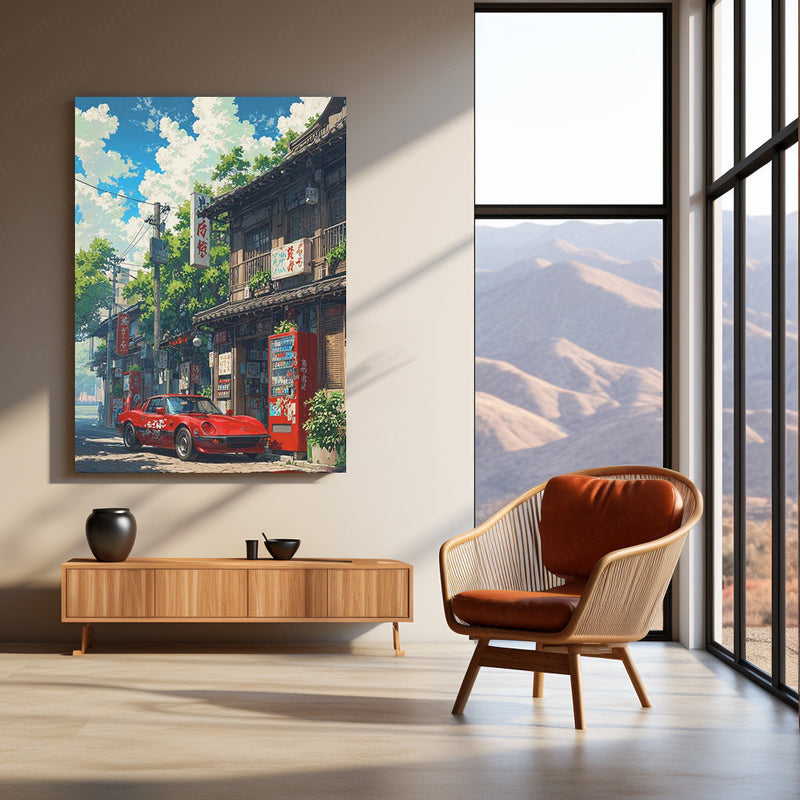 Red Classic Car in Japanese Alleyway – Anime Aesthetic Metal Poster | Vaporwave x Retro JDM Wall Art