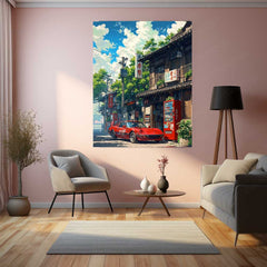 Red Classic Car in Japanese Alleyway – Anime Aesthetic Metal Poster | Vaporwave x Retro JDM Wall Art