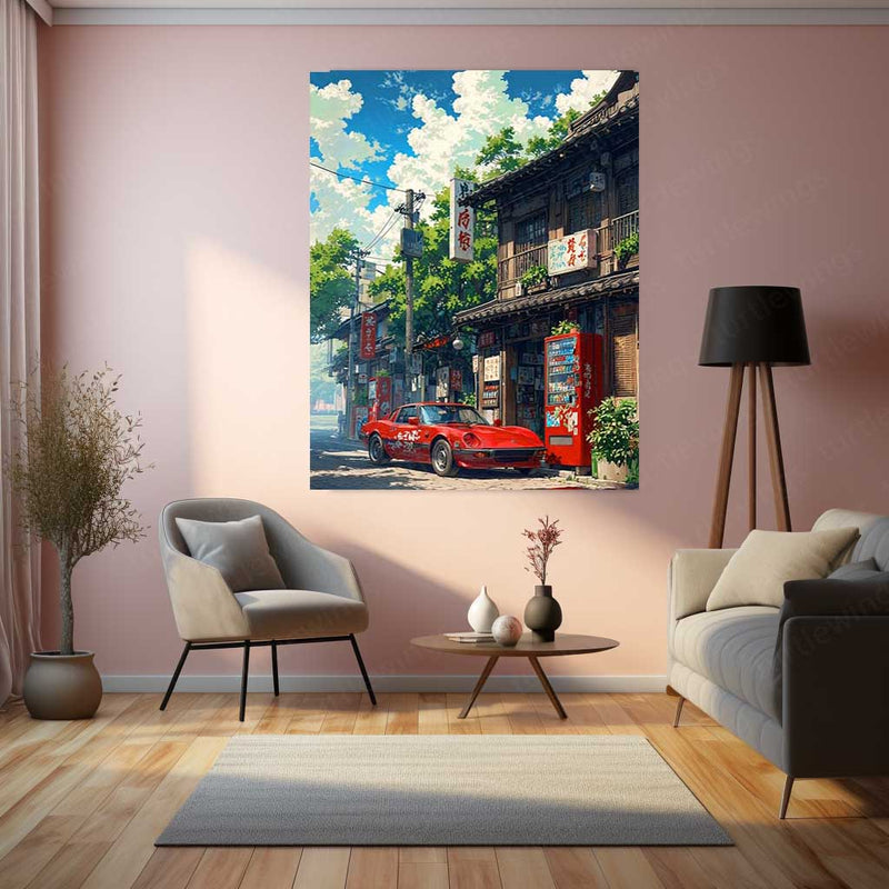 Red Classic Car in Japanese Alleyway – Anime Aesthetic Metal Poster | Vaporwave x Retro JDM Wall Art