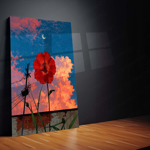 Red Moonlit Flower – Night Sky Nature Art Metal Poster | Floral Celestial Wall Frame