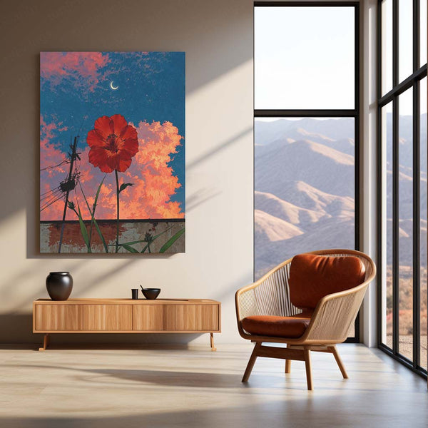 Red Moonlit Flower – Night Sky Nature Art Metal Poster | Floral Celestial Wall Frame