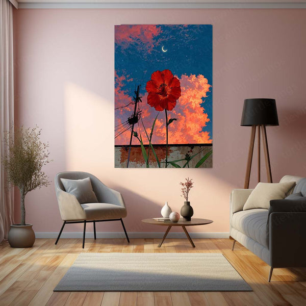 Red Moonlit Flower – Night Sky Nature Art Metal Poster | Floral Celestial Wall Frame