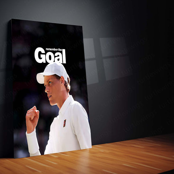 Quote Metal Poster | Jannik Sinner – Remember the Goal Metal Frame Unshakeable Focus & Elite Tennis Mindset Quote Wall Art | Championship Discipline Metal Poster