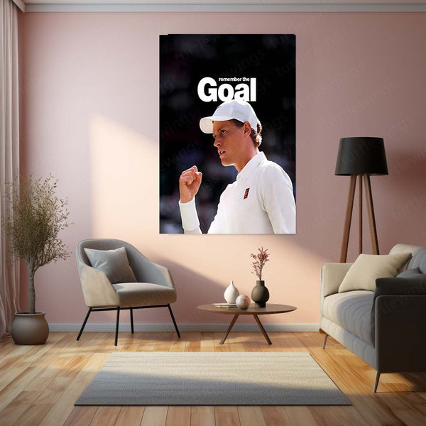 Quote Metal Poster | Jannik Sinner – Remember the Goal Metal Frame Unshakeable Focus & Elite Tennis Mindset Quote Wall Art | Championship Discipline Metal Poster