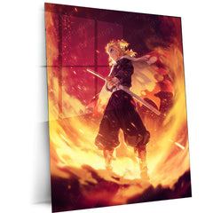 Rengoku in Flames – Demon Slayer Heroic Stance Metal Frame | Flame Hashira Anime Poster | Bold Otaku Wall Art