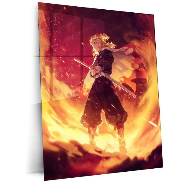 Rengoku in Flames – Demon Slayer Heroic Stance Metal Frame | Flame Hashira Anime Poster | Bold Otaku Wall Art