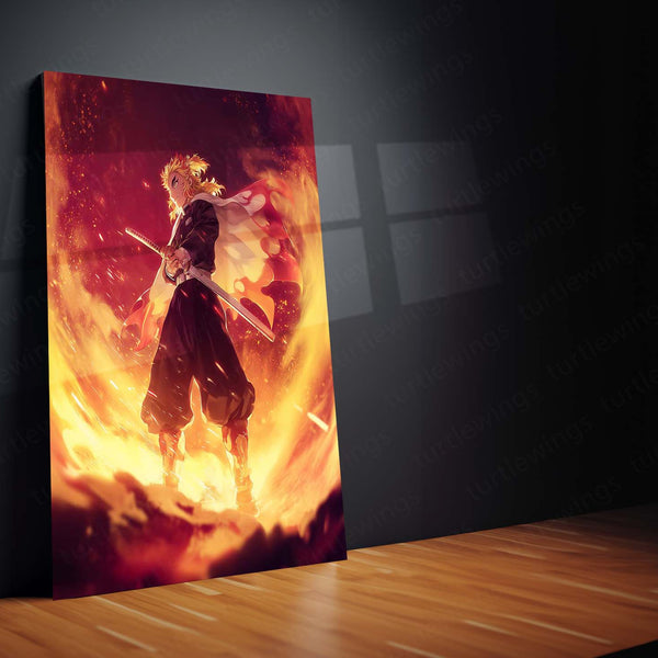 Rengoku in Flames – Demon Slayer Heroic Stance Metal Frame | Flame Hashira Anime Poster | Bold Otaku Wall Art