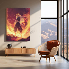 Rengoku in Flames – Demon Slayer Heroic Stance Metal Frame | Flame Hashira Anime Poster | Bold Otaku Wall Art