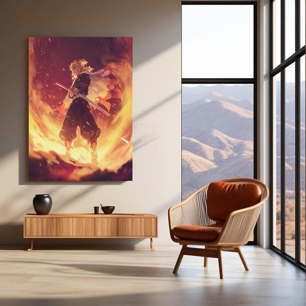 Rengoku in Flames – Demon Slayer Heroic Stance Metal Frame | Flame Hashira Anime Poster | Bold Otaku Wall Art