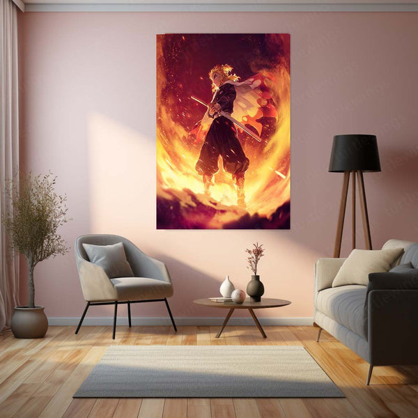 Rengoku in Flames – Demon Slayer Heroic Stance Metal Frame | Flame Hashira Anime Poster | Bold Otaku Wall Art