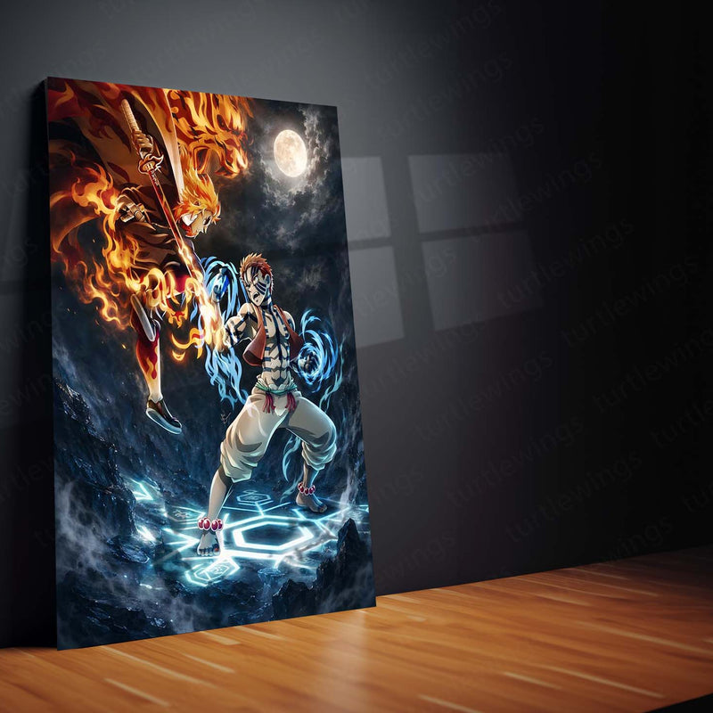 Rengoku vs Akaza Metal Poster | Demon Slayer Epic Battle Wall Art  Flame Hashira vs Upper Moon Three Anime Metal Frame