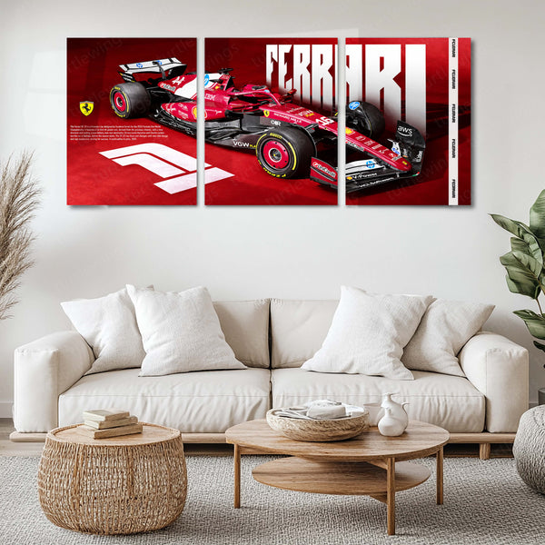 Formula 1 Metal Poster Set of 3 | Ferrari F1 Racing Car | Red Motorsport Triptych Wall Art | Premium Racing Metal Print