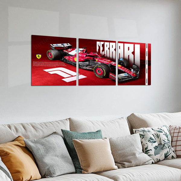 Formula 1 Metal Poster Set of 3 | Ferrari F1 Racing Car | Red Motorsport Triptych Wall Art | Premium Racing Metal Print