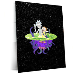Rick and Morty Floating on Alien in Space Metal Frame | Sci-Fi Cartoon Wall Art - TURTLEWINGS 