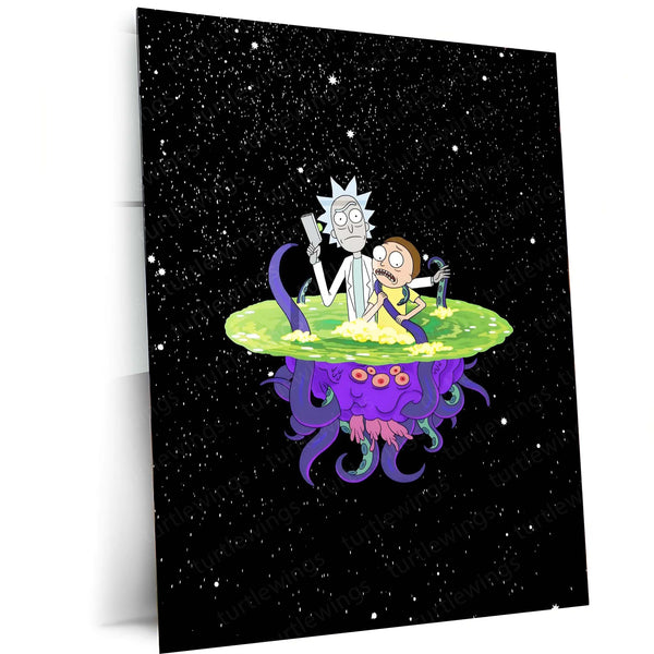 Rick and Morty Floating on Alien in Space Metal Frame | Sci-Fi Cartoon Wall Art - TURTLEWINGS 