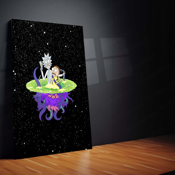 Rick and Morty Floating on Alien in Space Metal Frame | Sci-Fi Cartoon Wall Art - TURTLEWINGS 