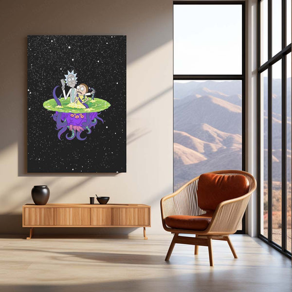 Rick and Morty Floating on Alien in Space Metal Frame | Sci-Fi Cartoon Wall Art - TURTLEWINGS 