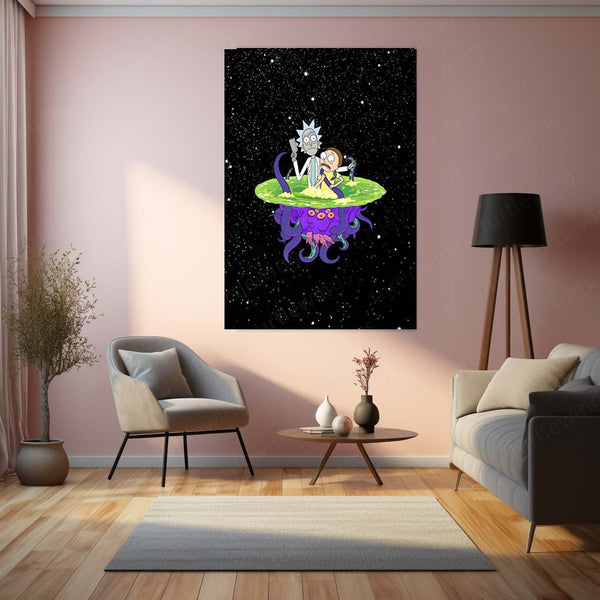 Rick and Morty Floating on Alien in Space Metal Frame | Sci-Fi Cartoon Wall Art - TURTLEWINGS 