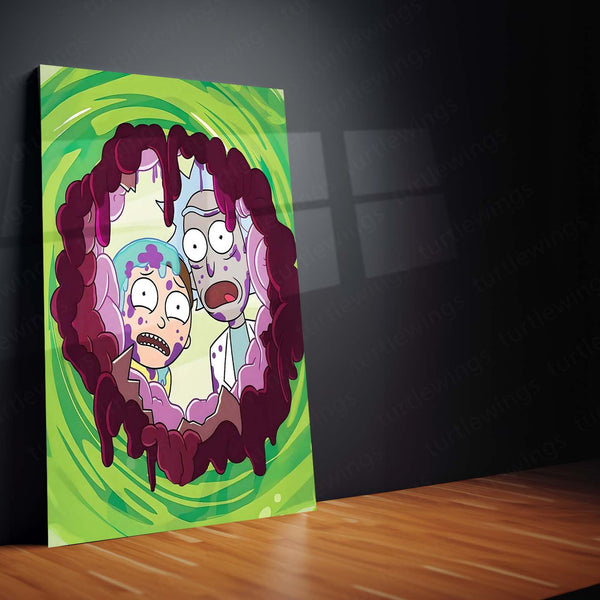 Rick and Morty Floating on Alien in Space Metal Frame | Sci-Fi Cartoon Wall Art 01 - TURTLEWINGS 