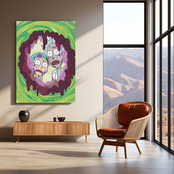 Rick and Morty Floating on Alien in Space Metal Frame | Sci-Fi Cartoon Wall Art 01 - TURTLEWINGS 