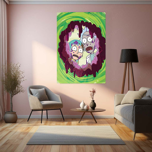 Rick and Morty Floating on Alien in Space Metal Frame | Sci-Fi Cartoon Wall Art 01 - TURTLEWINGS 