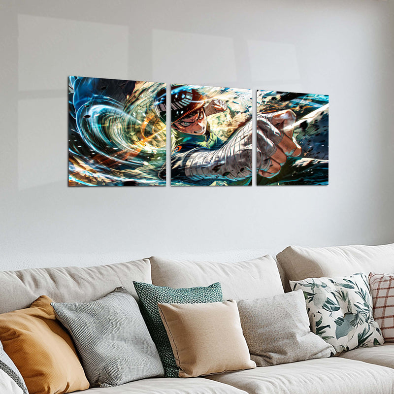 Anime Metal Poster Set of 3 | Naruto | Rock Lee Dynamic Kick Battle Triptych Wall Art