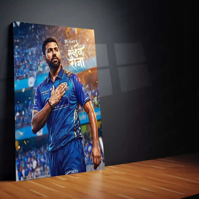 Cricket Metal Poster | Rohit Sharma Mumbai Indians Metal Poster | 15 Years Mumbai Raja Wall Art | IPL Cricket Legend Frame - TURTLEWINGS 