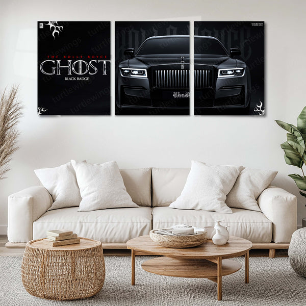 Car Metal Poster Set of 3 | Rolls-Royce Ghost Black Badge | Black Luxury Sedan Triptych Wall Art | Premium Automotive Metal Print