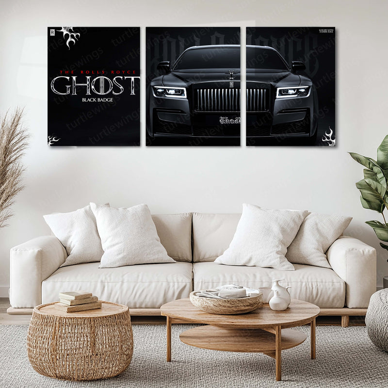 Car Metal Poster Set of 3 | Rolls-Royce Ghost Black Badge | Black Luxury Sedan Triptych Wall Art | Premium Automotive Metal Print
