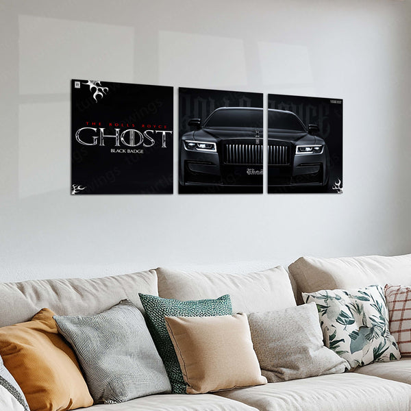 Car Metal Poster Set of 3 | Rolls-Royce Ghost Black Badge | Black Luxury Sedan Triptych Wall Art | Premium Automotive Metal Print