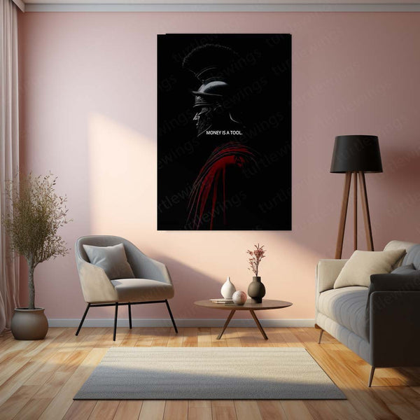 Money Is a Tool Spartan Warrior Metal Poster | Motivational Roman Soldier Wall Art | Premium Aluminum Print
