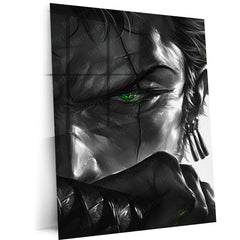 Anime Metal Poster | One Piece Metal Poster | Roronoa Zoro Monochrome Warrior Wall Art | Epic Swordsman Anime Metal Frame