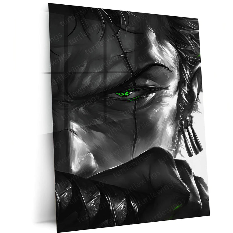 Anime Metal Poster | One Piece Metal Poster | Roronoa Zoro Monochrome Warrior Wall Art | Epic Swordsman Anime Metal Frame