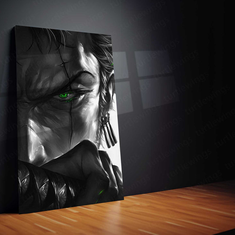 Anime Metal Poster | One Piece Metal Poster | Roronoa Zoro Monochrome Warrior Wall Art | Epic Swordsman Anime Metal Frame