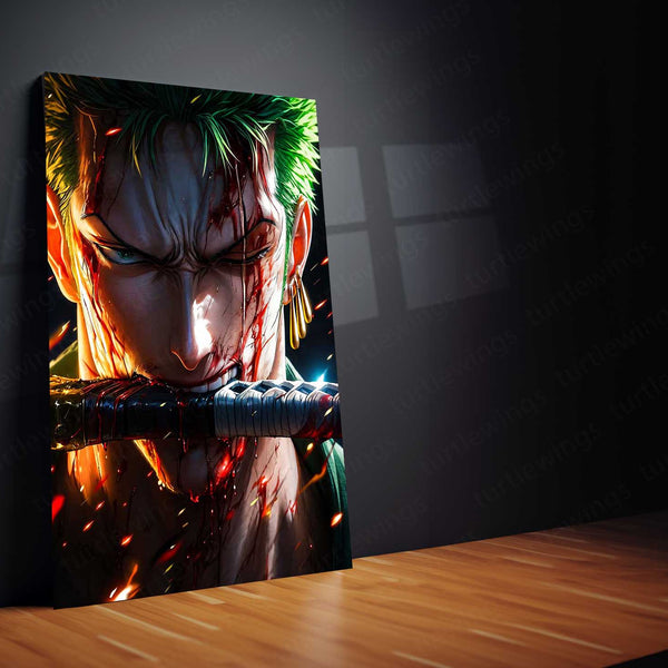 Anime Metal Poster | One Piece Metal Poster | Battle-Worn Roronoa Zoro Wall Art | Epic Three Sword Style Anime Metal Frame